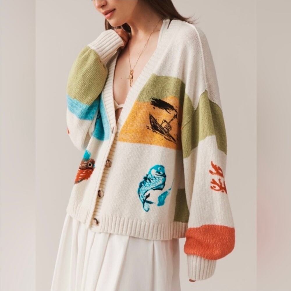 Pilcro Cream Cardigan with Multi-Color Marine Motifs